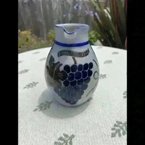 Vintage Handarbeit SALT Glazed Art Pottery  Blue Jug Pitcher SIGNED 7.5
